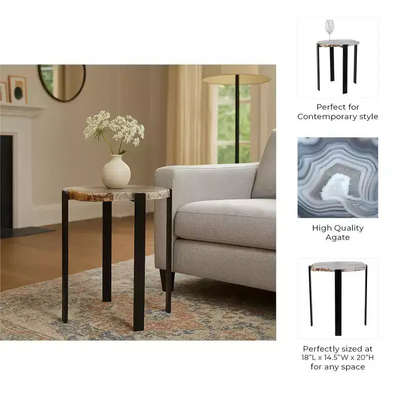 Table d'appoint contemporaine, table de chevet ou table de nuit - Plateau unique en agate brute pour la décoration de la chambre ou du salon - 20 Noir et blanc