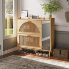 Meuble à Chaussures, Meuble d'Entrée Meuble en Rotin Naturel avec 2 Tiroirs Basculants et Étagères Réglables en Miroir