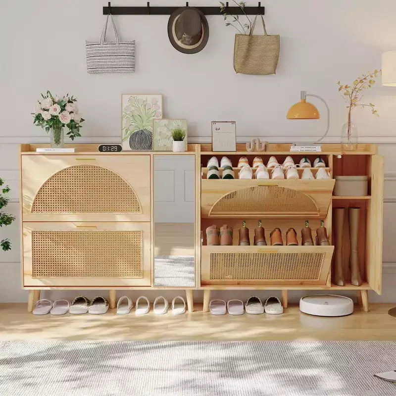 Meuble à Chaussures, Meuble d'Entrée Meuble en Rotin Naturel avec 2 Tiroirs Basculants et Étagères Réglables en Miroir