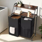 Trieur à linge roulant 2 sections avec plateau en bois et sacs de rangement amovibles