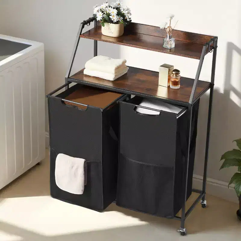 Trieur à linge roulant 2 sections avec plateau en bois et sacs de rangement amovibles