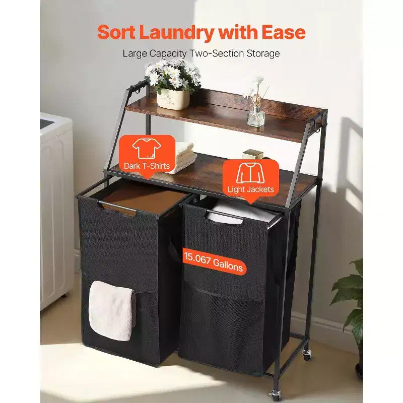 Trieur à linge roulant 2 sections avec plateau en bois et sacs de rangement amovibles