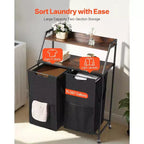 Trieur à linge roulant 2 sections avec plateau en bois et sacs de rangement amovibles