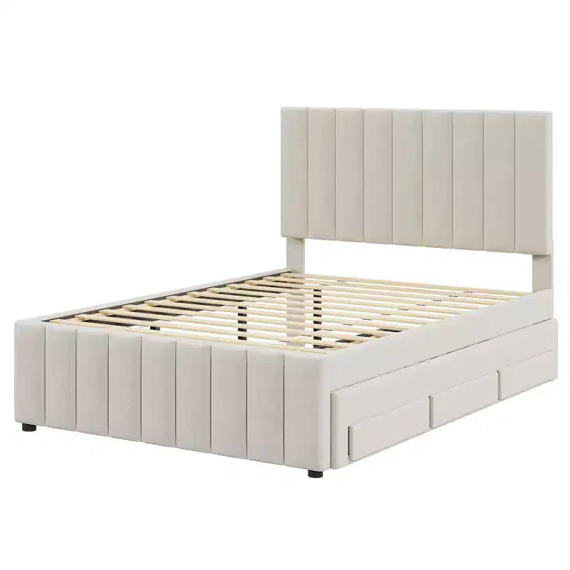 Lit plateforme rembourré pleine grandeur avec lit gigogne double et 3 tiroirs, tissu de lin, beige