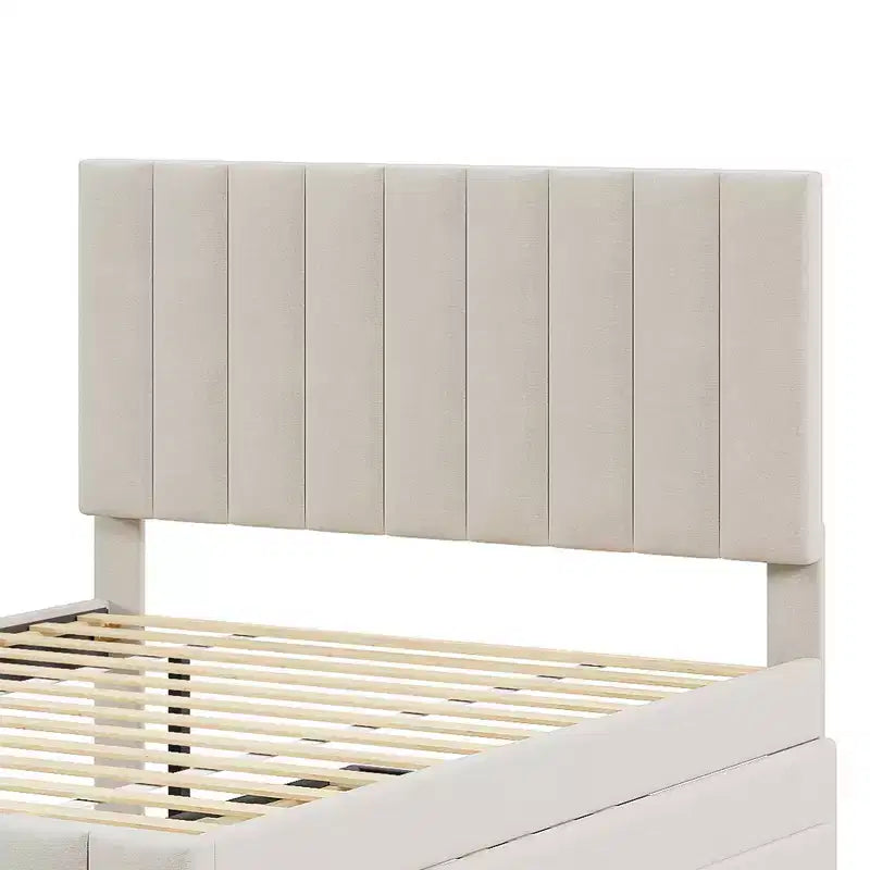 Lit plateforme rembourré pleine grandeur avec lit gigogne double et 3 tiroirs, tissu de lin, beige