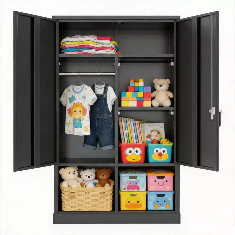 Meuble de rangement noir en métal réglable Organisateur polyvalent avec tringle de suspension pour la maison, le bureau et la chambre d'enfant