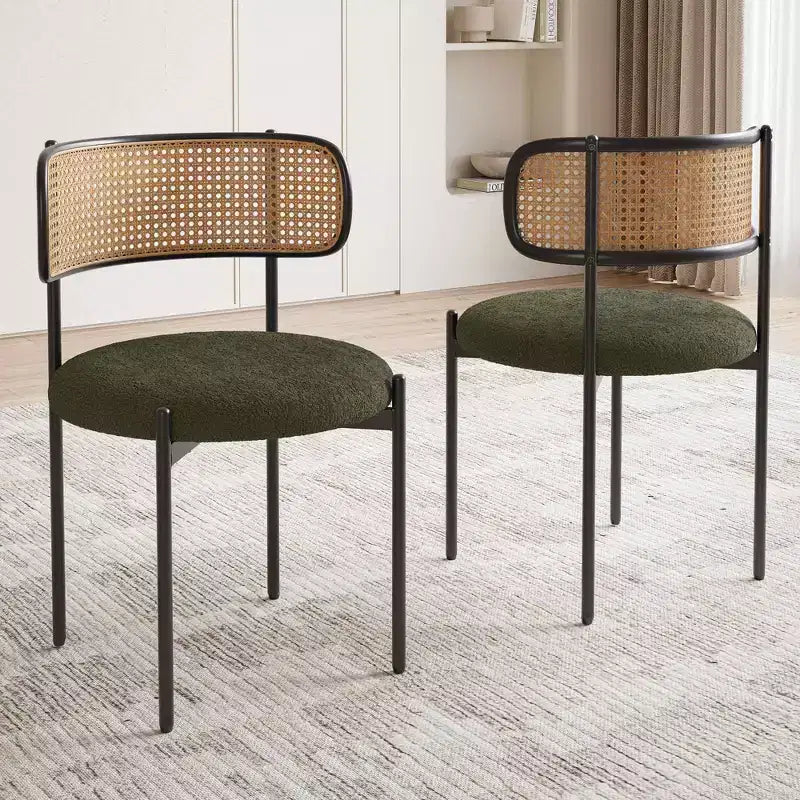 MAYEERTY Lot de 2 chaises de salle à manger modernes rembourrées avec pieds en métal et dossier en rotin pour cuisine, Vert