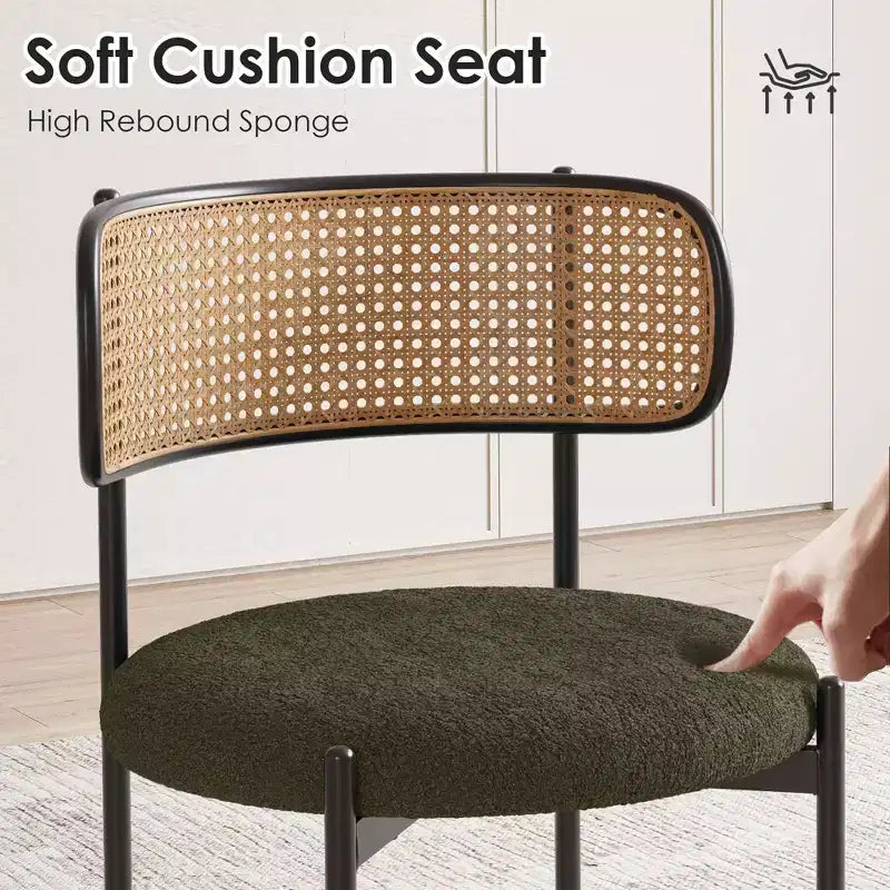 MAYEERTY Lot de 2 chaises de salle à manger modernes rembourrées avec pieds en métal et dossier en rotin pour cuisine, Vert