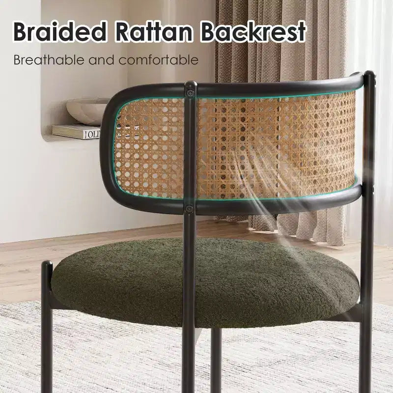 MAYEERTY Lot de 2 chaises de salle à manger modernes rembourrées avec pieds en métal et dossier en rotin pour cuisine, Vert