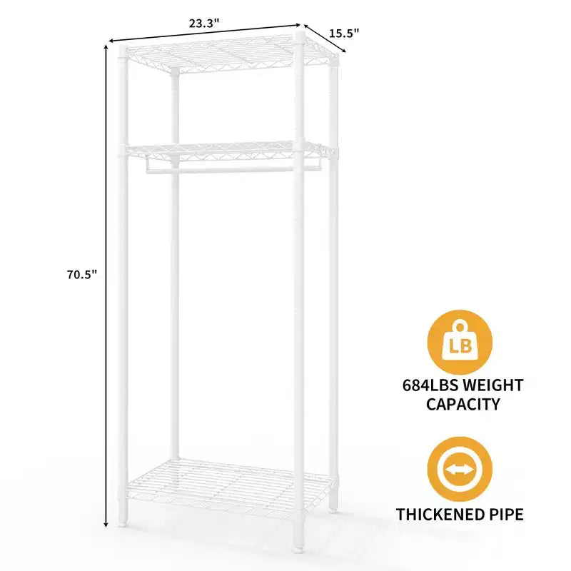 Portant à vêtements robuste avec étagères réglables, organiseur de vêtements en métal autoportant avec tringle pour chambre, buanderie ou dortoir, blanc