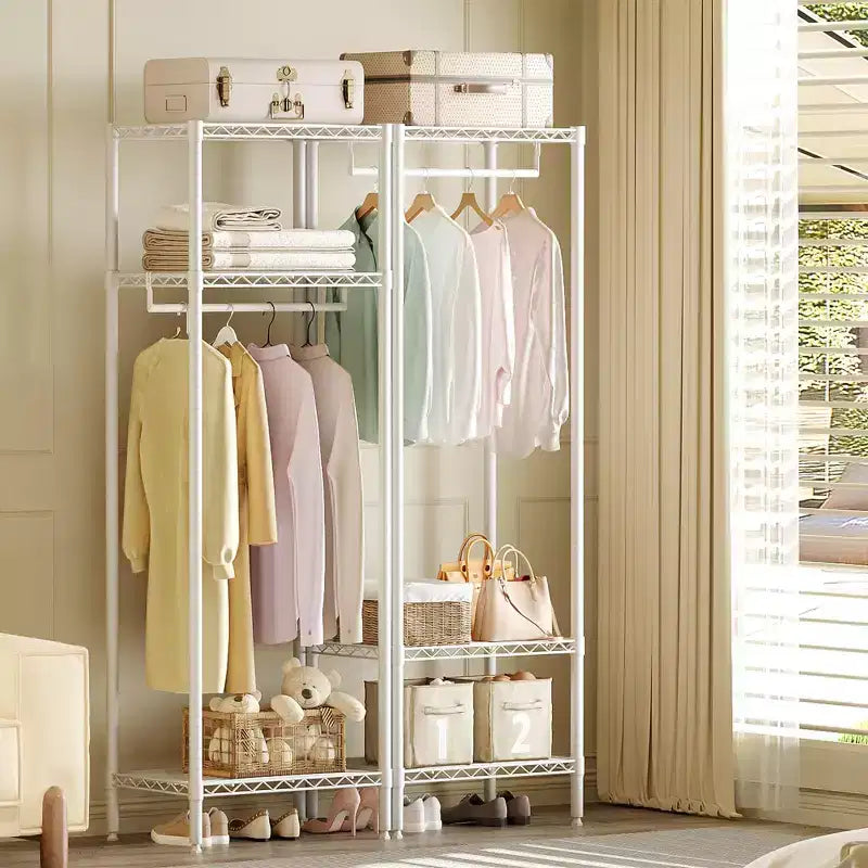 Portant à vêtements robuste avec étagères réglables, organiseur de vêtements en métal autoportant avec tringle pour chambre, buanderie ou dortoir, blanc
