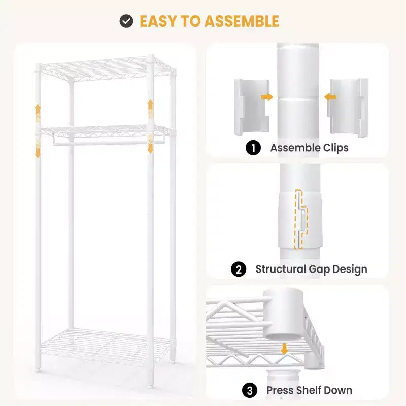 Portant à vêtements robuste avec étagères réglables, organiseur de vêtements en métal autoportant avec tringle pour chambre, buanderie ou dortoir, blanc