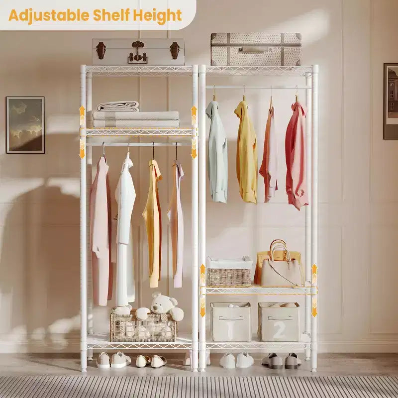 Portant à vêtements robuste avec étagères réglables, organiseur de vêtements en métal autoportant avec tringle pour chambre, buanderie ou dortoir, blanc
