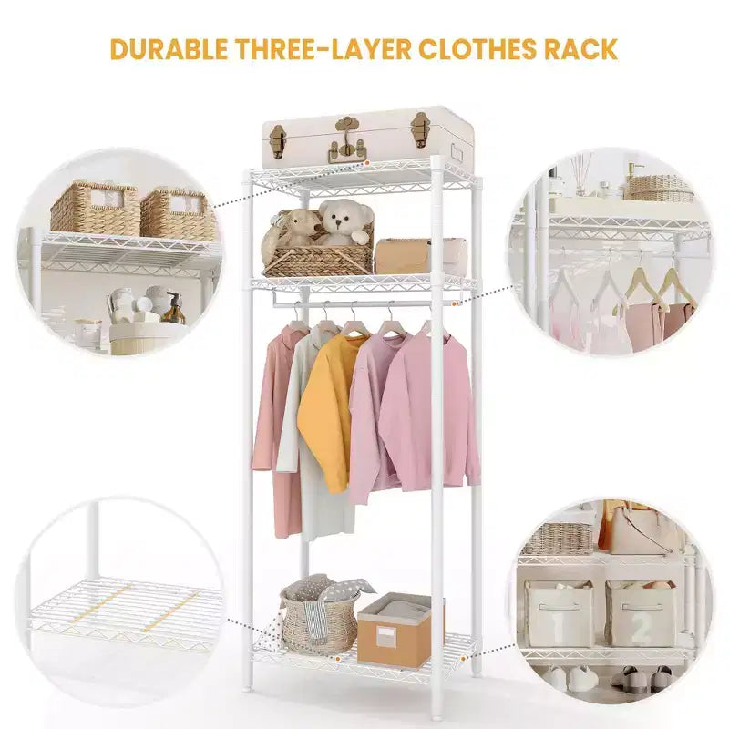Portant à vêtements robuste avec étagères réglables, organiseur de vêtements en métal autoportant avec tringle pour chambre, buanderie ou dortoir, blanc