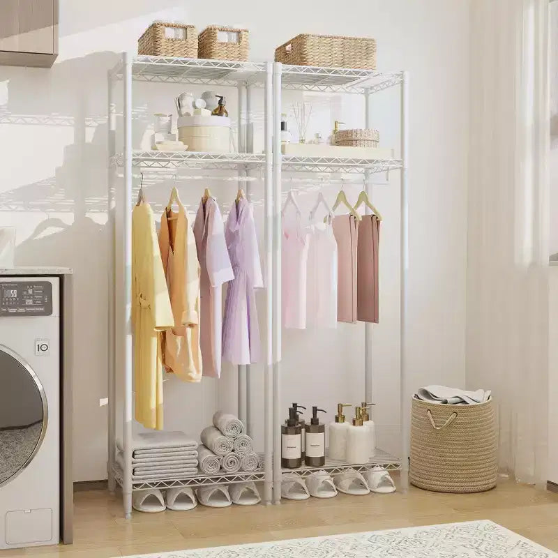 Portant à vêtements robuste avec étagères réglables, organiseur de vêtements en métal autoportant avec tringle pour chambre, buanderie ou dortoir, blanc