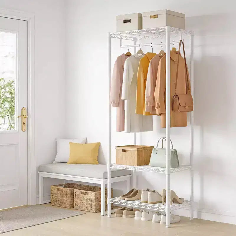 Portant à vêtements robuste avec étagères réglables, organiseur de vêtements en métal autoportant avec tringle pour chambre, buanderie ou dortoir, blanc