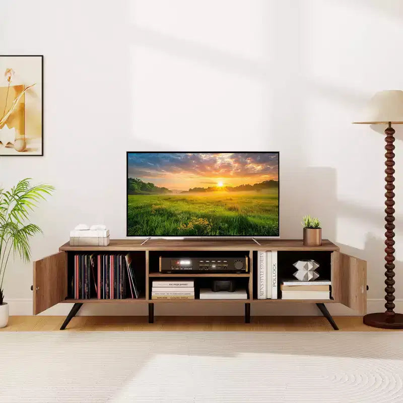 Meuble TV Costway avec 2 armoires de rangement et étagères ouvertes, 6 pieds de support pour salon