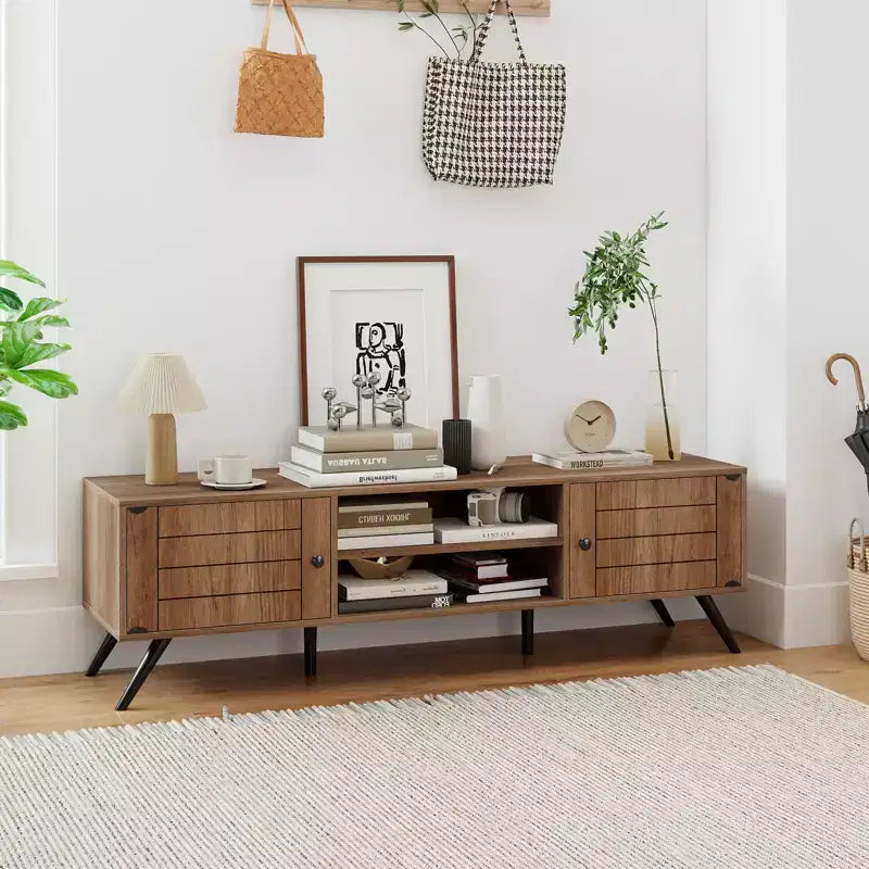 Meuble TV Costway avec 2 armoires de rangement et étagères ouvertes, 6 pieds de support pour salon