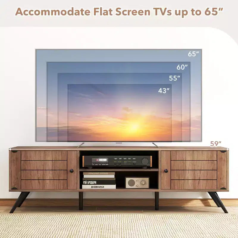 Meuble TV Costway avec 2 armoires de rangement et étagères ouvertes, 6 pieds de support pour salon