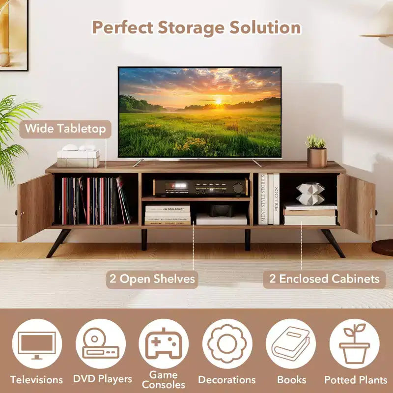 Meuble TV Costway avec 2 armoires de rangement et étagères ouvertes, 6 pieds de support pour salon