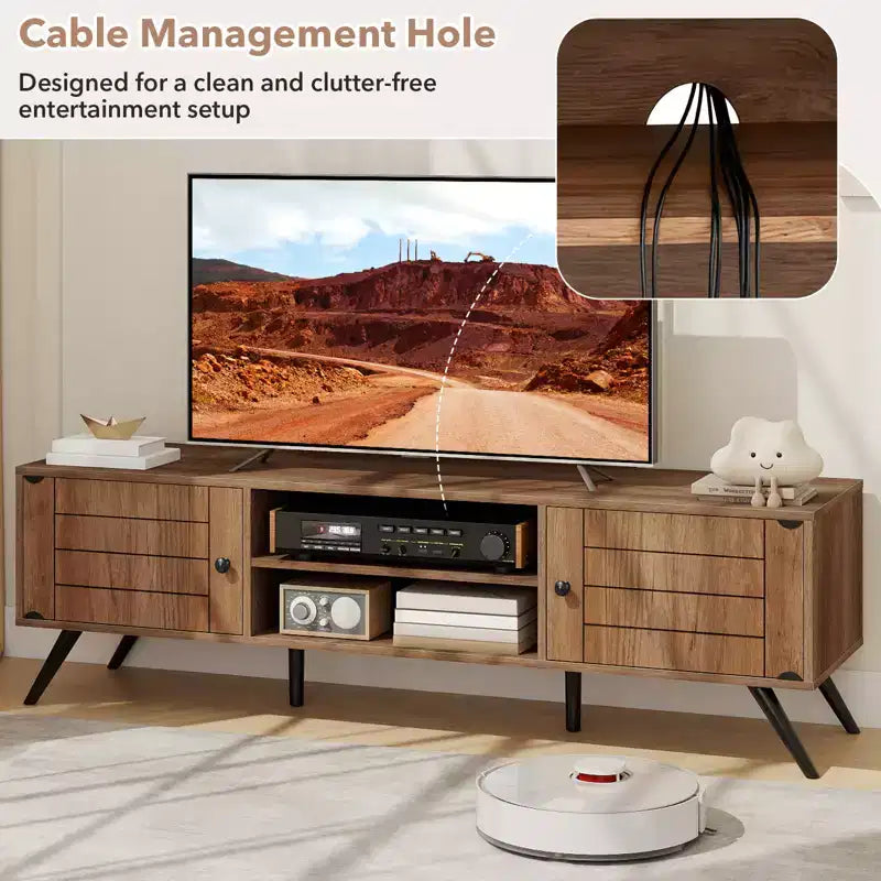 Meuble TV Costway avec 2 armoires de rangement et étagères ouvertes, 6 pieds de support pour salon