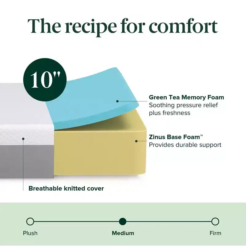 Zinus Matelas en mousse à mémoire de forme au thé vert, 25,4 cm, taille Queen, sensation moyenne, mousse à mémoire de forme respirante, mousses et tissu certifiés sûrs, matelas en boîte