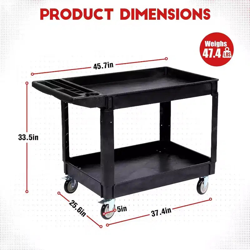 Chariot de manutention robuste à 2 étagères Capacité de 250 kg Roues pivotantes à 360° avec freins pour entrepôt, garage, cuisine, 116 x 65 cm