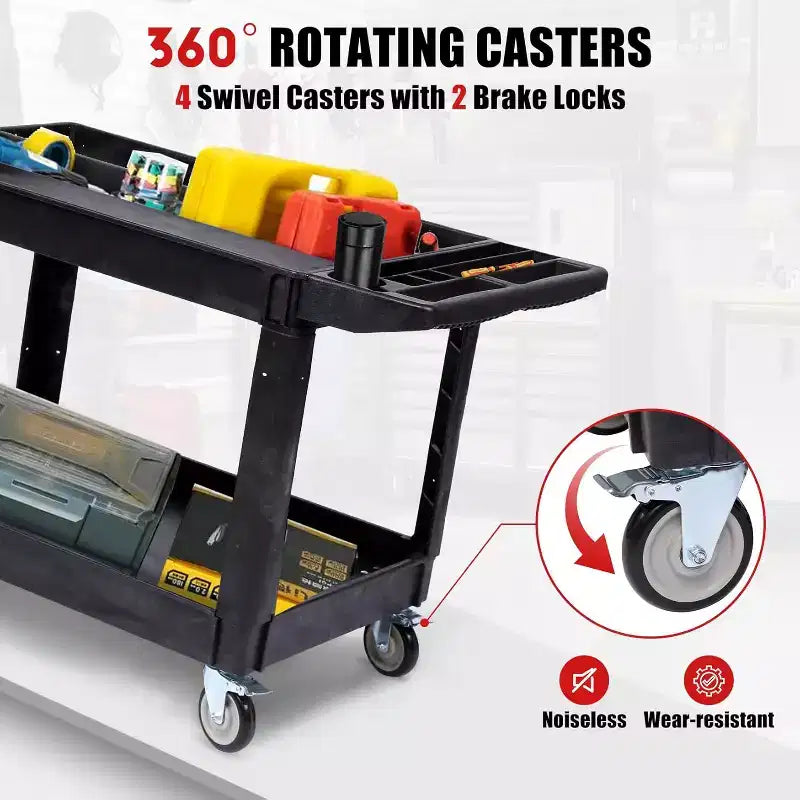 Chariot de manutention robuste à 2 étagères Capacité de 250 kg Roues pivotantes à 360° avec freins pour entrepôt, garage, cuisine, 116 x 65 cm