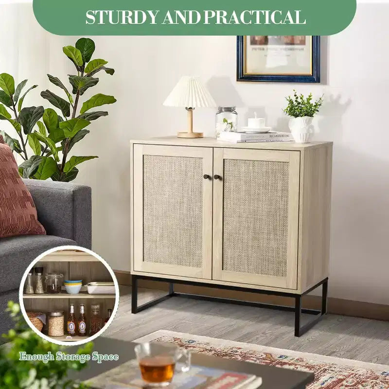 COZONY Armoire de rangement à 2 portes en rotin style ferme, Buffet bahut d'appoint, Console de ferme avec rangement, Armoire de cuisine multifonctionnelle