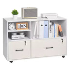2-Drawer Wooden File Cabinet with Wheels Lockable Lateral Filing with Open Shelves Printer Stand White