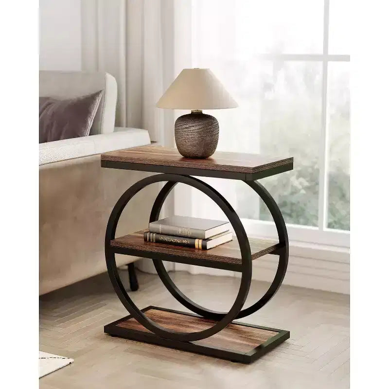 Table d'appoint Lantine, table d'appoint à 3 niveaux, table d'appoint fine pour salon, table de chevet haute pour chambre à coucher, marron rustique et noir
