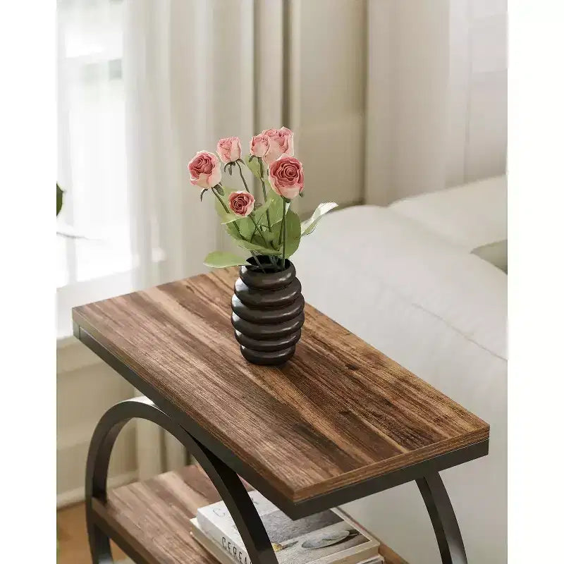 Table d'appoint Lantine, table d'appoint à 3 niveaux, table d'appoint fine pour salon, table de chevet haute pour chambre à coucher, marron rustique et noir