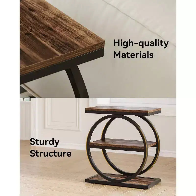 Table d'appoint Lantine, table d'appoint à 3 niveaux, table d'appoint fine pour salon, table de chevet haute pour chambre à coucher, marron rustique et noir