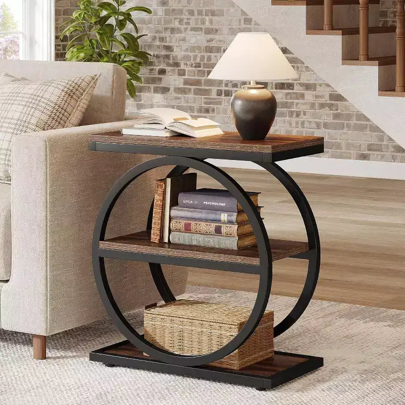 Table d'appoint étroite Lantine avec 3 étagères de rangement, petite table d'appoint de canapé industrielle avec cadre en métal noir pour salon, table de chevet mince pour chambre à coucher