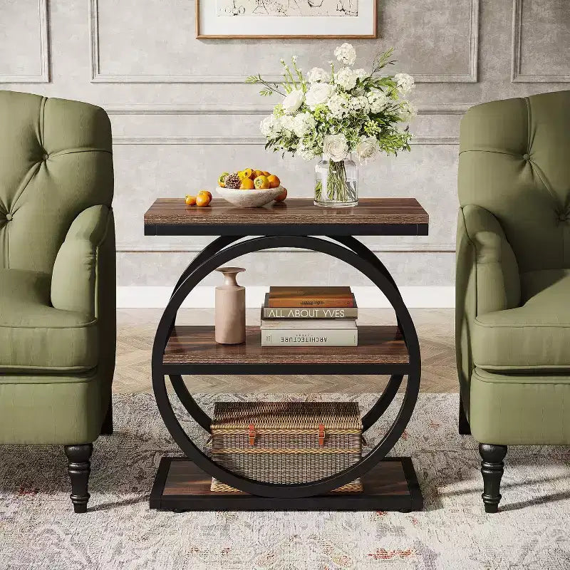 Table d'appoint étroite Lantine avec 3 étagères de rangement, petite table d'appoint de canapé industrielle avec cadre en métal noir pour salon, table de chevet mince pour chambre à coucher