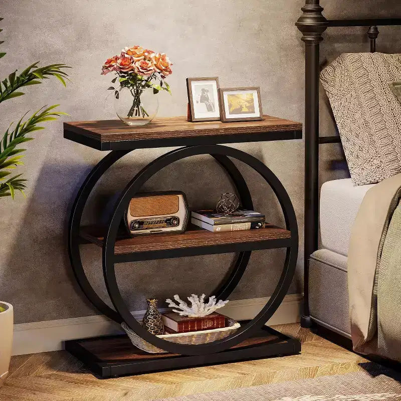 Table d'appoint étroite Lantine avec 3 étagères de rangement, petite table d'appoint de canapé industrielle avec cadre en métal noir pour salon, table de chevet mince pour chambre à coucher