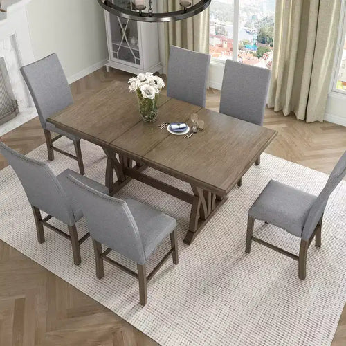 Ensemble de salle à manger extensible 7 pièces pour 6 personnes, ensemble de table de cuisine de style campagnard avec 6 chaises rembourrées pour salle à manger, gris