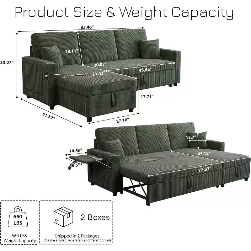 MooxvMoo Canapé-lit convertible 83 avec rangement et port USB, canapé en forme de L 4 en 1 avec lit escamotable, table d'appoint, porte-gobelets, vert