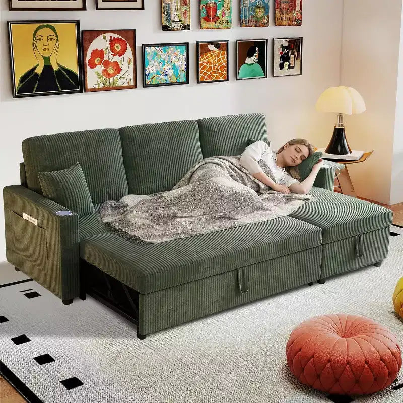 MooxvMoo Canapé-lit convertible 83 avec rangement et port USB, canapé en forme de L 4 en 1 avec lit escamotable, table d'appoint, porte-gobelets, vert