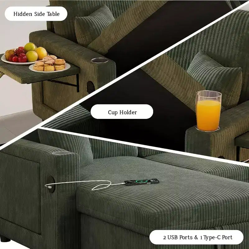 MooxvMoo Canapé-lit convertible 83 avec rangement et port USB, canapé en forme de L 4 en 1 avec lit escamotable, table d'appoint, porte-gobelets, vert