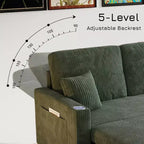 MooxvMoo Canapé-lit convertible 83 avec rangement et port USB, canapé en forme de L 4 en 1 avec lit escamotable, table d'appoint, porte-gobelets, vert