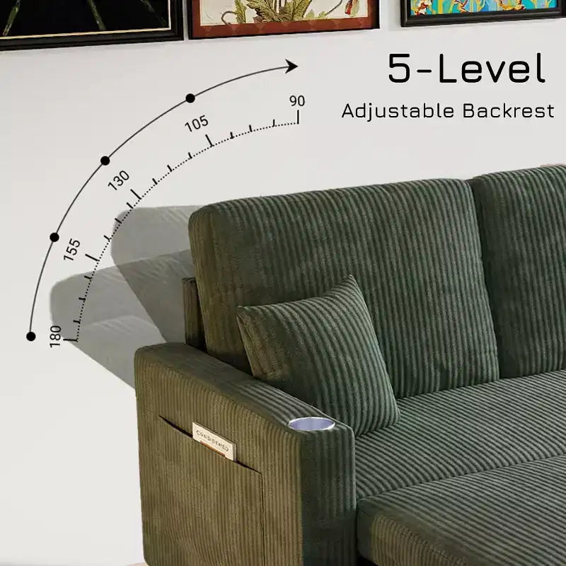 MooxvMoo Canapé-lit convertible 83 avec rangement et port USB, canapé en forme de L 4 en 1 avec lit escamotable, table d'appoint, porte-gobelets, vert