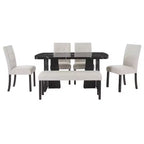 Ensemble de table à manger effet marbre pour 6 personnes, table à manger rectangulaire 6 pièces avec 4 chaises rembourrées et 1 banc pour salle à manger