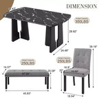 Ensemble de table à manger effet marbre pour 6 personnes, table à manger rectangulaire 6 pièces avec 4 chaises rembourrées et 1 banc pour salle à manger