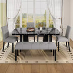 Ensemble de table à manger effet marbre pour 6 personnes, table à manger rectangulaire 6 pièces avec 4 chaises rembourrées et 1 banc pour salle à manger