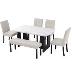 Ensemble de table à manger effet marbre pour 6 personnes, table à manger rectangulaire 6 pièces avec 4 chaises rembourrées et 1 banc pour salle à manger