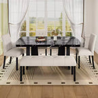 Ensemble de table à manger effet marbre pour 6 personnes, table à manger rectangulaire 6 pièces avec 4 chaises rembourrées et 1 banc pour salle à manger