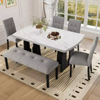 Ensemble de table à manger effet marbre pour 6 personnes, table à manger rectangulaire 6 pièces avec 4 chaises rembourrées et 1 banc pour salle à manger
