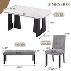 Ensemble de table à manger effet marbre pour 6 personnes, table à manger rectangulaire 6 pièces avec 4 chaises rembourrées et 1 banc pour salle à manger