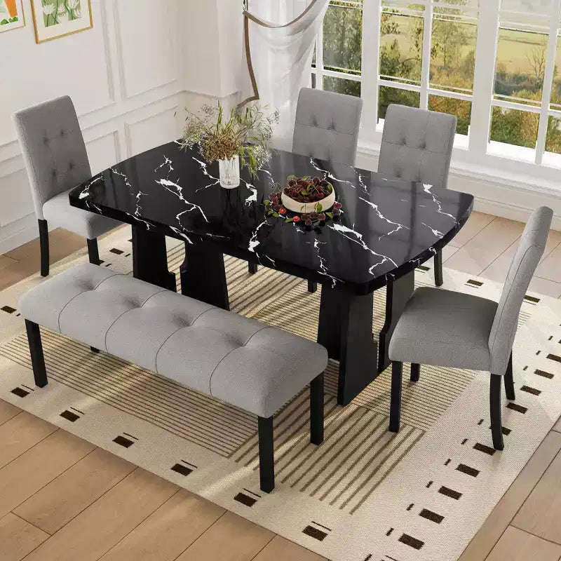 Ensemble de table à manger effet marbre pour 6 personnes, table à manger rectangulaire 6 pièces avec 4 chaises rembourrées et 1 banc pour salle à manger